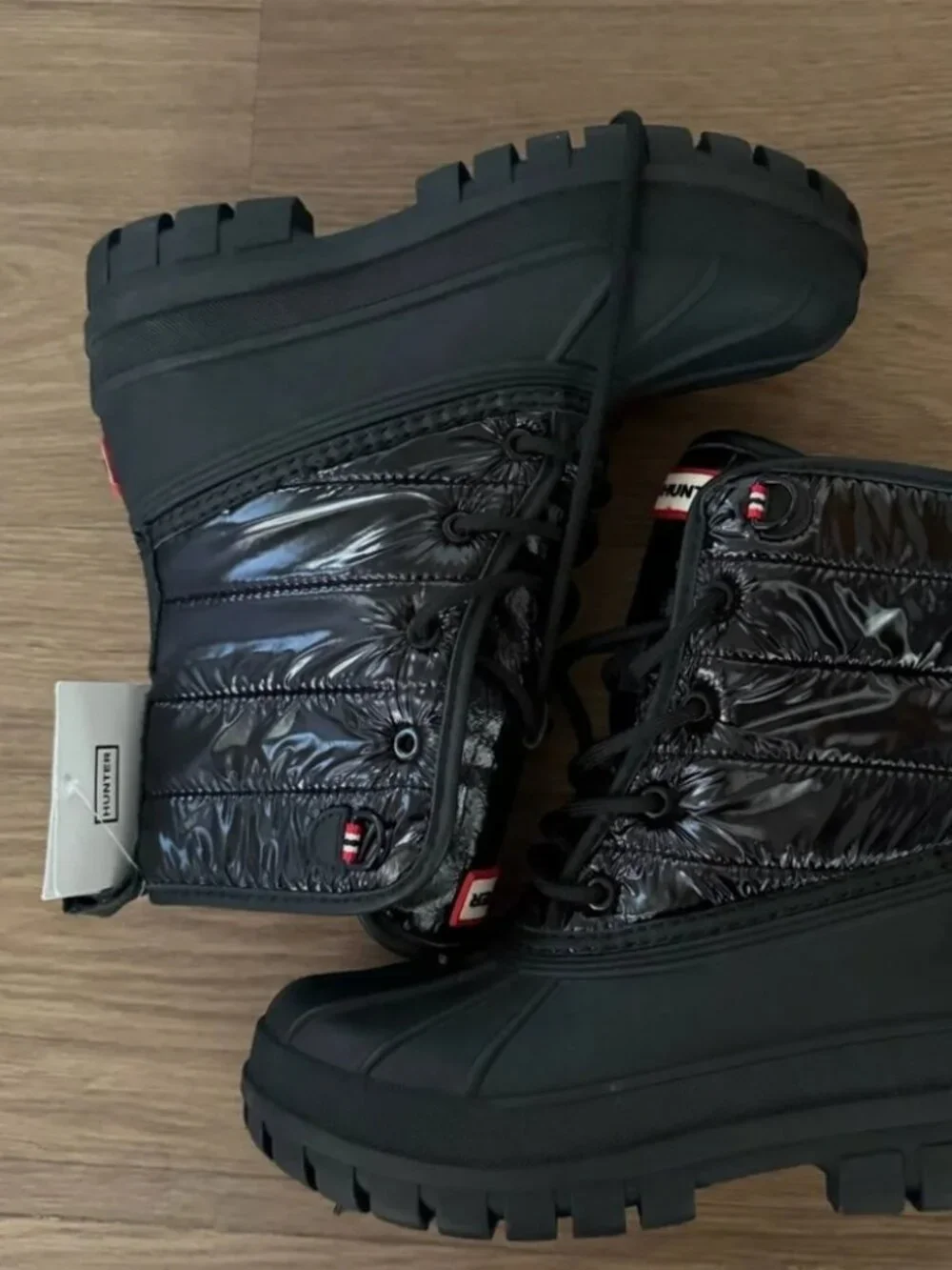 Hunter Stanly Black Quilted Winter Lace-Up rain Boots women 7